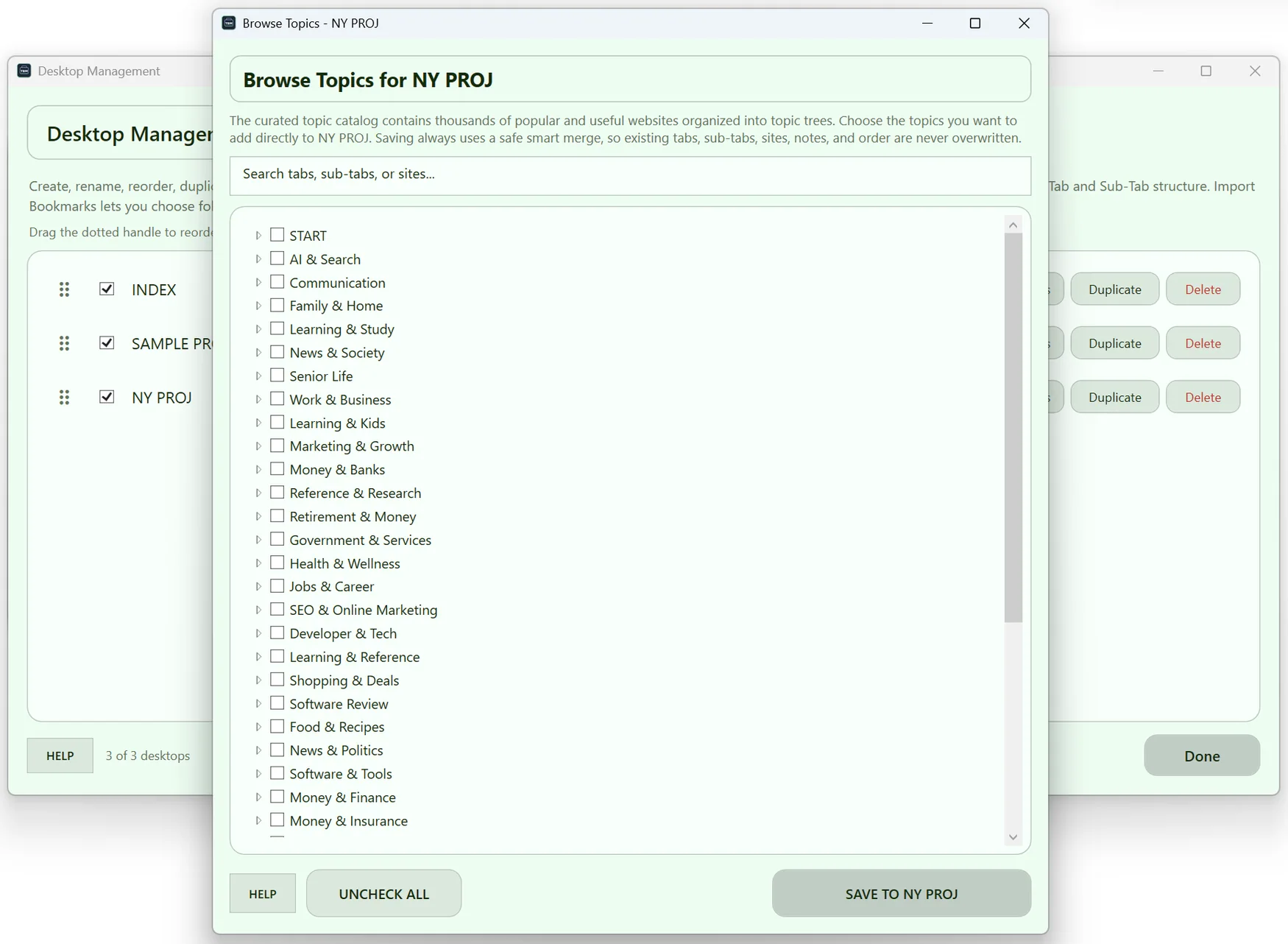 ToolBoxManager V16 screen related to Browse Topics and import curated links